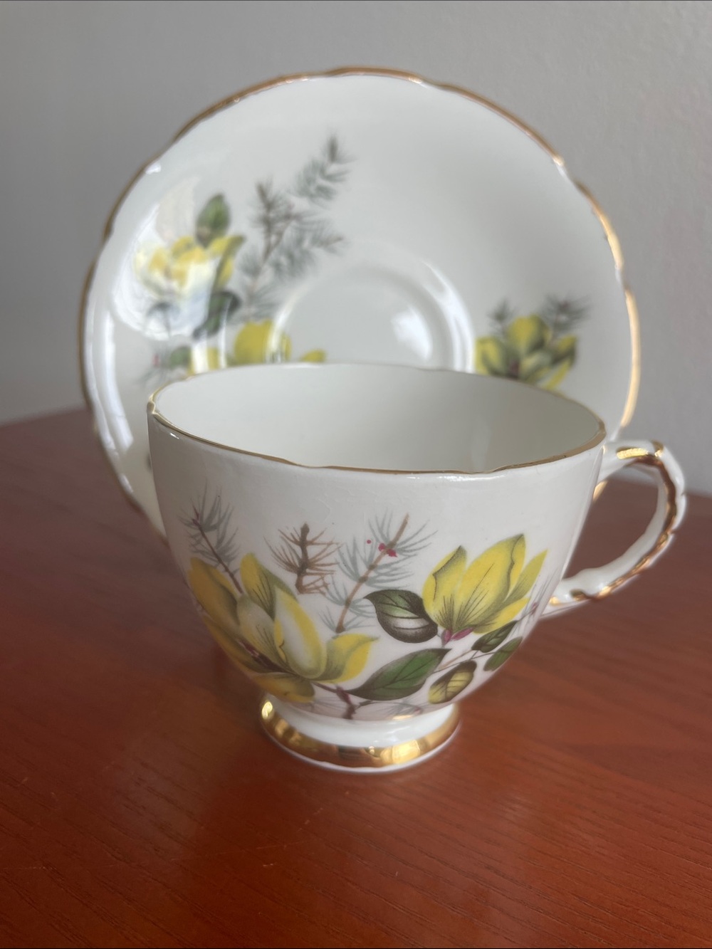 Delphine Fine Bone China Teacup & Saucer Set Yellow Floral with Gold Trim